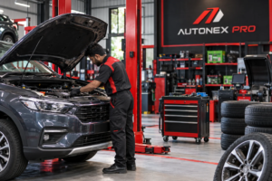Car maintenance basics at Autonex Pro, featuring a mechanic inspecting a car engine in a professional automotive service centre.